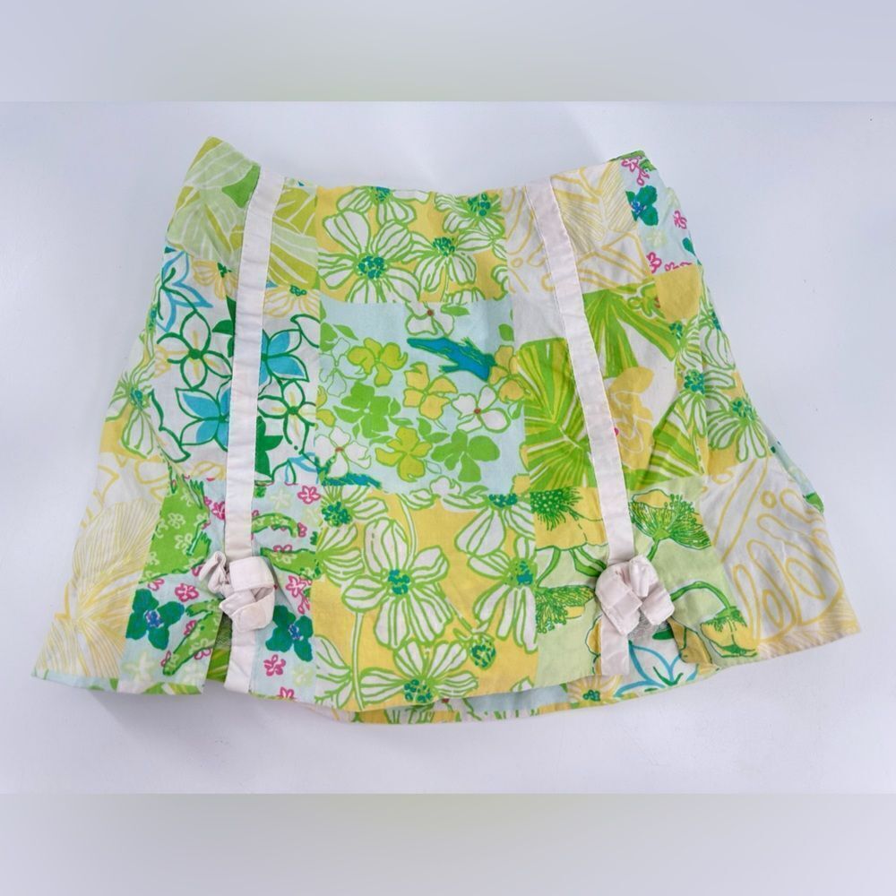 Lilly Pulitzer Skirt Girls Size 7 Vintage Green Floral Color Block Elastic